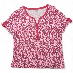 Y2K Pink Leopard Print Top Womens Petite Large Short Sleeve Henley Shirt Cheetah
